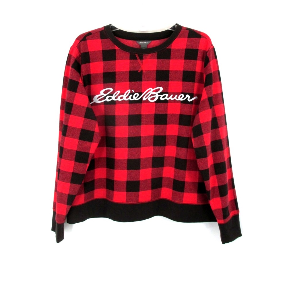 EDDIE BAUER Pullover Fleece Top Women Large Red Buffalo Plaid Holiday Camping